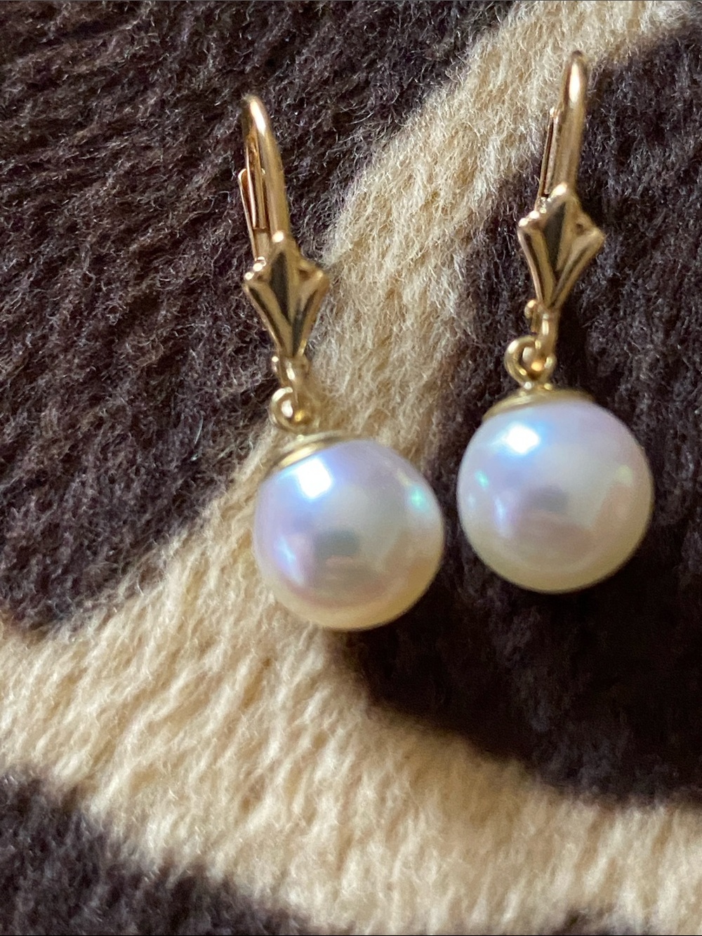8.5MM White Cultured Japanese Akoya Pearl 14K Yellow Gold Dangle Earrings